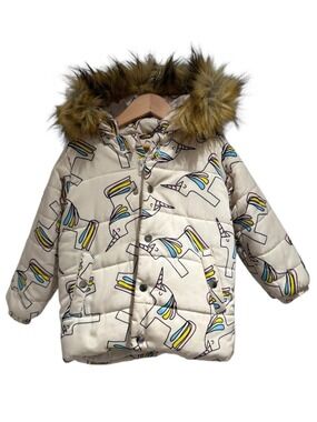 HUGO LOVES TIKI cream unicorn print winter puffer jacket - size 2 (fits bigger)